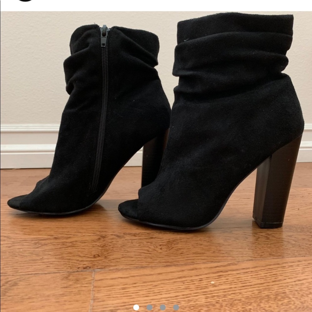 Black faux suede open toe booties